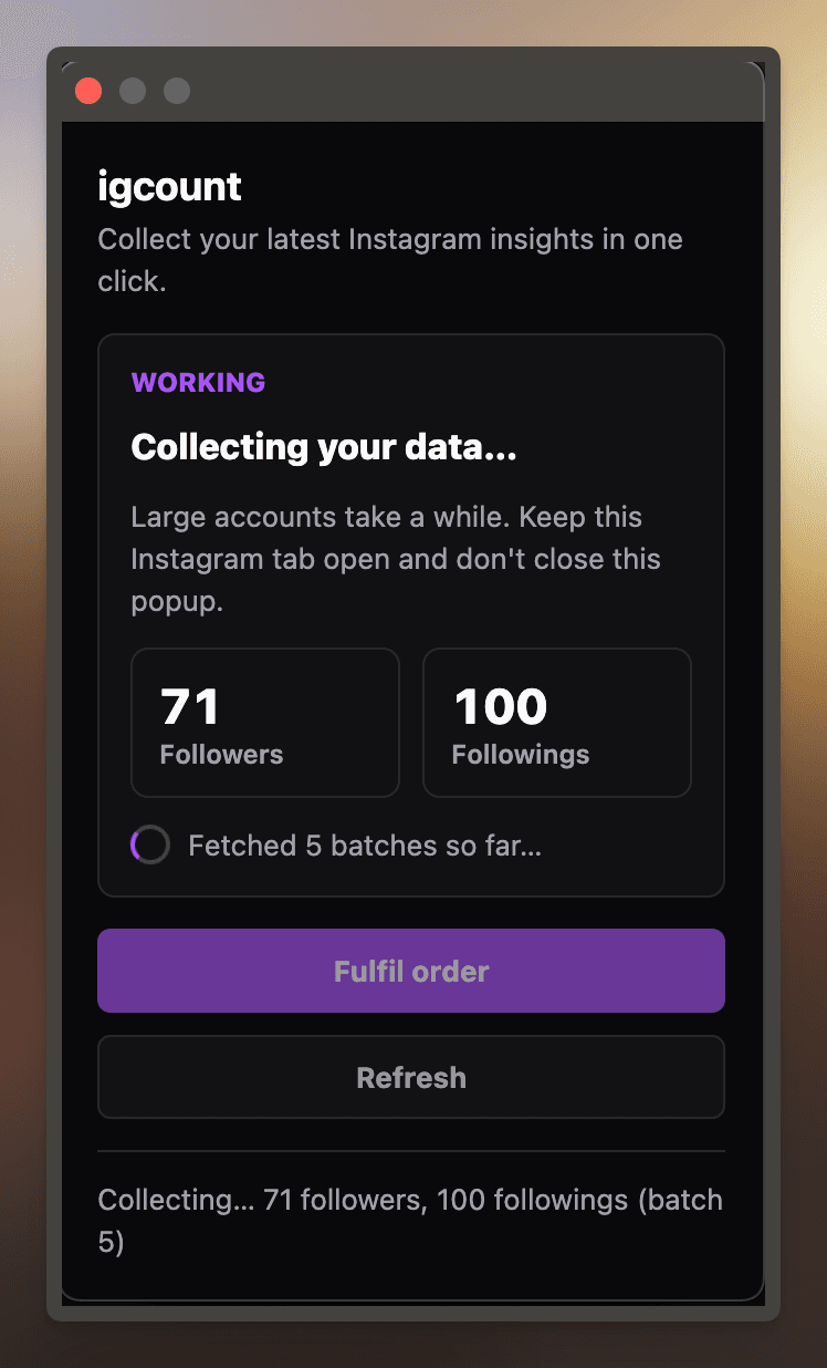 igcount Chrome extension popup collecting Instagram followers and followings in batches