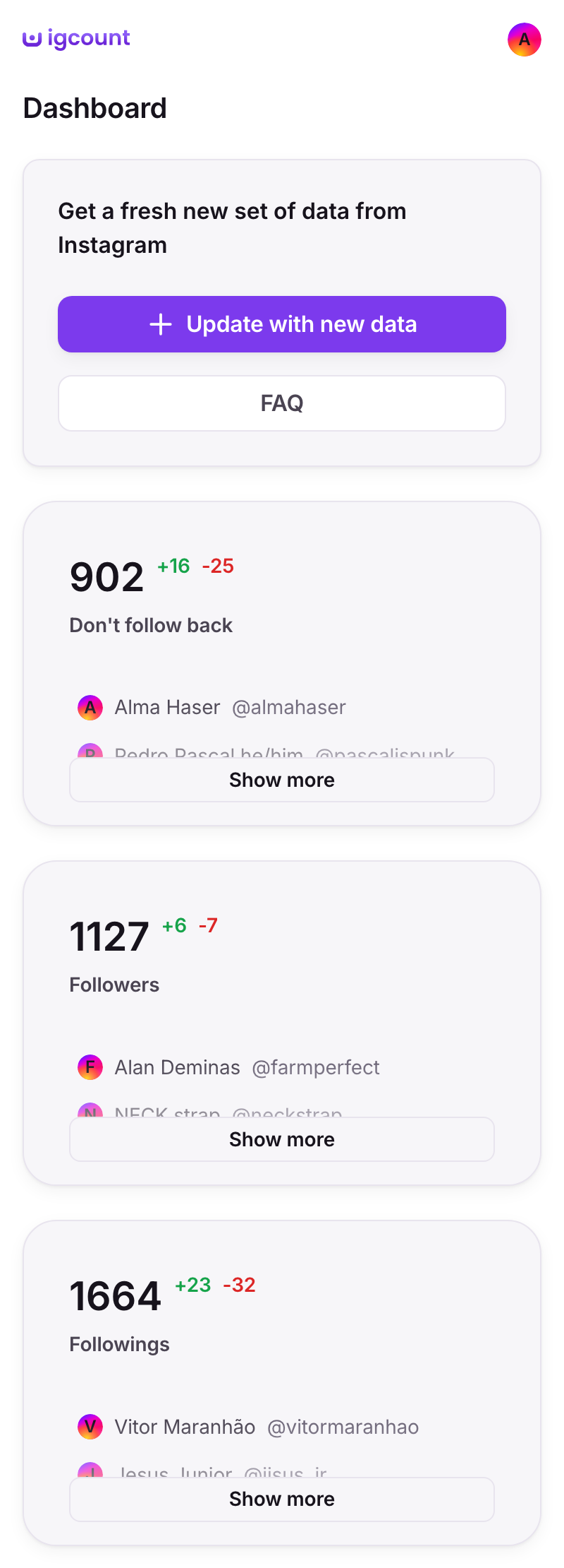 igcount dashboard showing Instagram followers, followings and people who don't follow back
